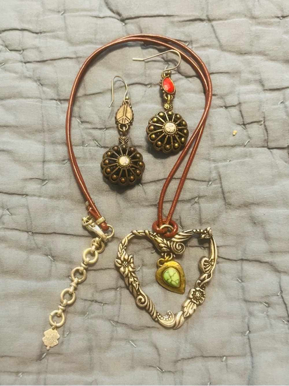 Vintage Lucky Brand Bohemian Heart Pendant Necklace and Concho Drop Earrings - Picture 2 of 2